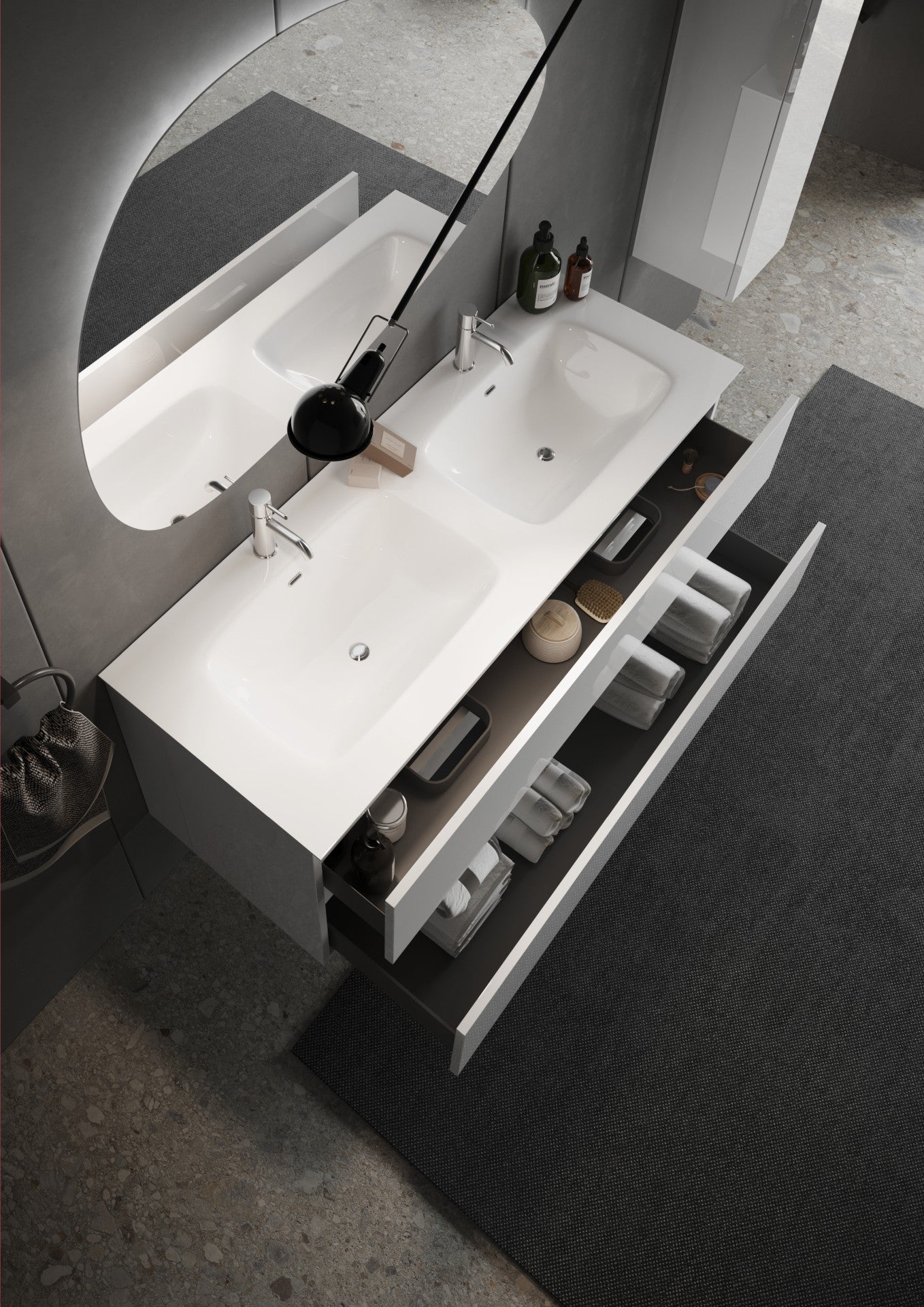 Mobile Bagno Sospeso (lavabo a Doppia Vasca) - 2 Cassetti LONDON 122 cm Bianco Lucido