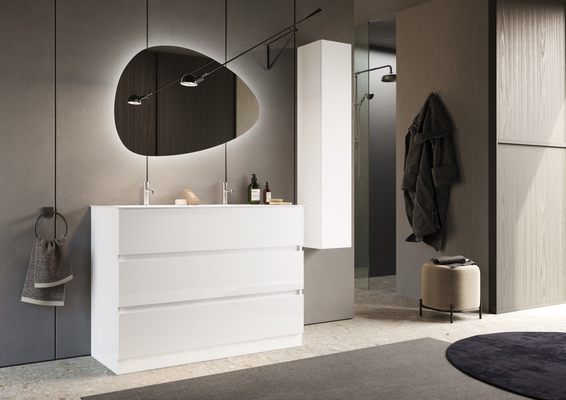 Mobile Bagno a Terra (lavabo a Doppia Vasca) - 3 Cassetti LONDON 122 cm Bianco Lucido