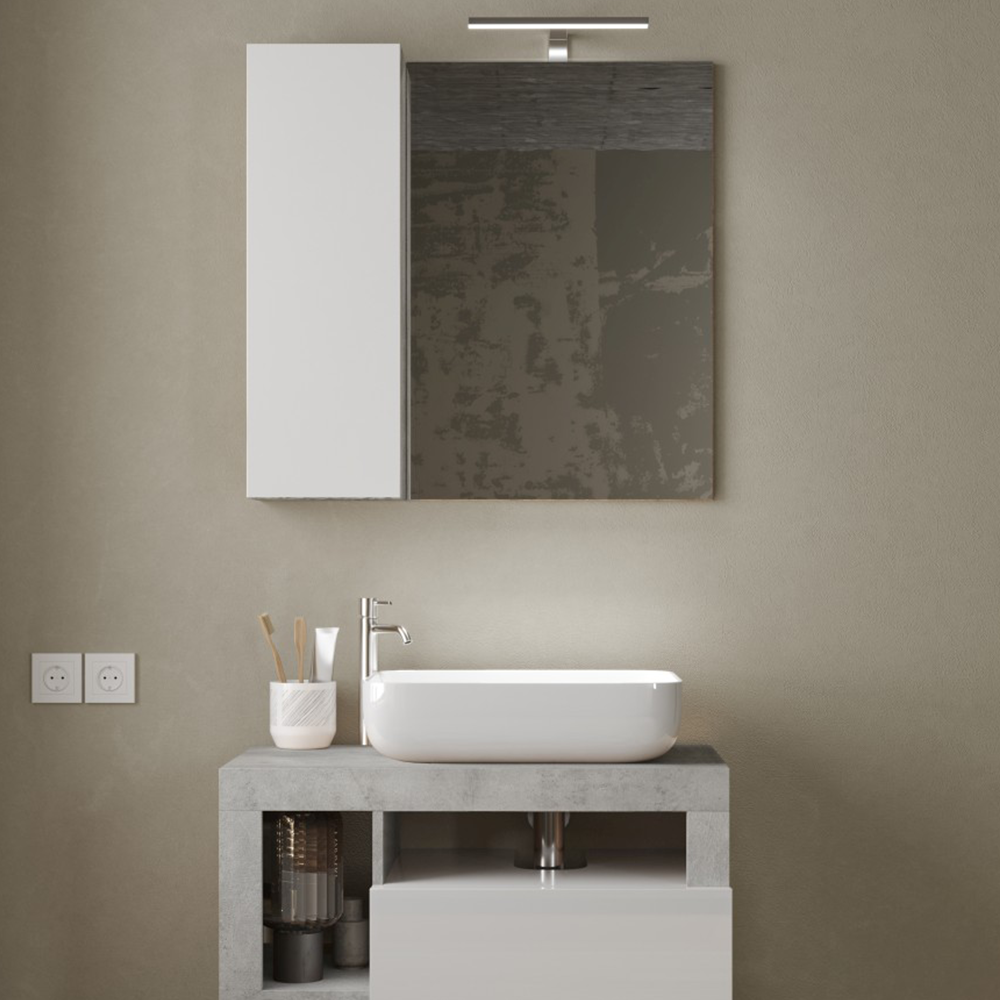 BARCELONA Specchiera Bagno con Colonna 1 Anta e LED 78 cm Bianco Lucido / Cemento