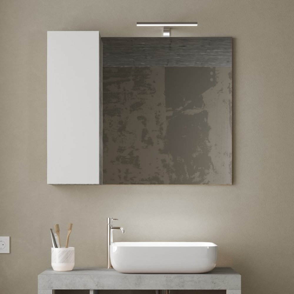 BARCELONA Specchiera Bagno con Colonna 1 Anta e LED 92 cm Bianco Lucido / Cemento