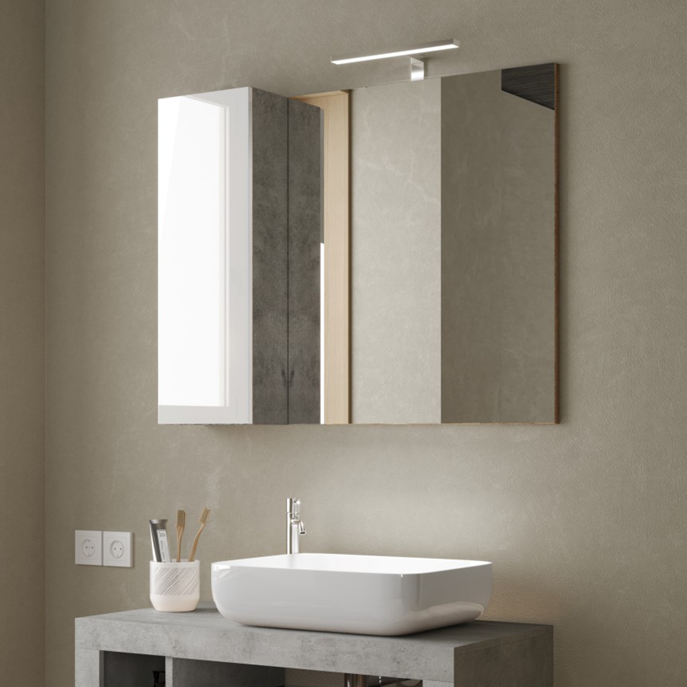 BARCELONA Specchiera Bagno con Colonna 1 Anta e LED 92 cm Bianco Lucido / Cemento