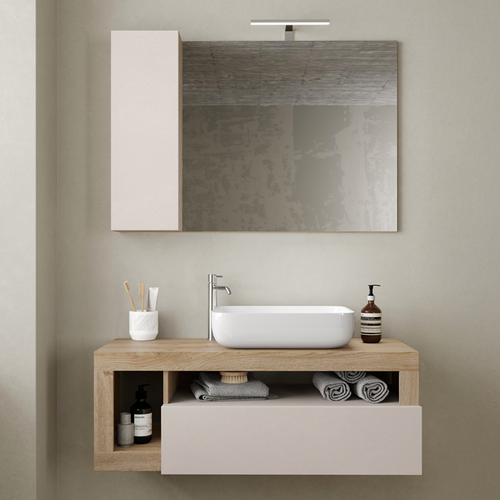 BARCELONA Specchiera Bagno con Colonna 1 Anta e LED 110 cm Cashmere / Kadiz