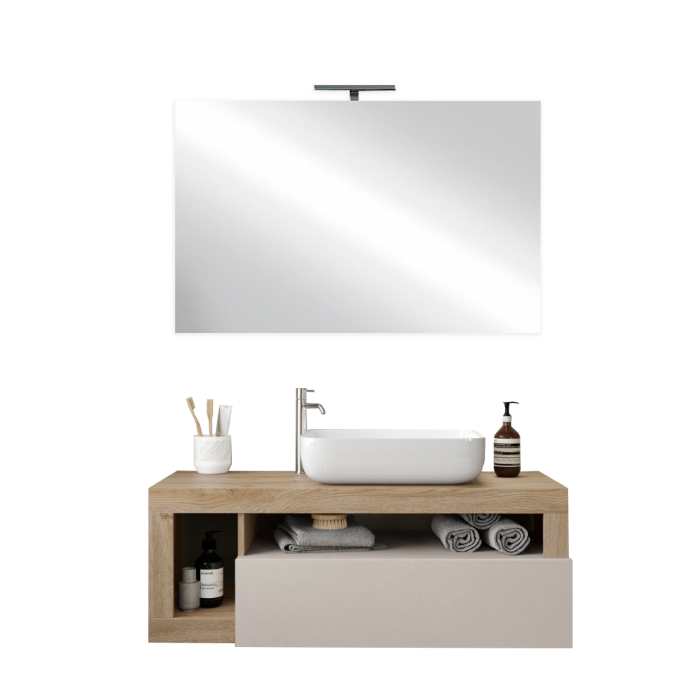 BARCELONA Mobile Bagno Sospeso 1 Cassetto con Specchiera con Luce LED Cashmere / Kadiz