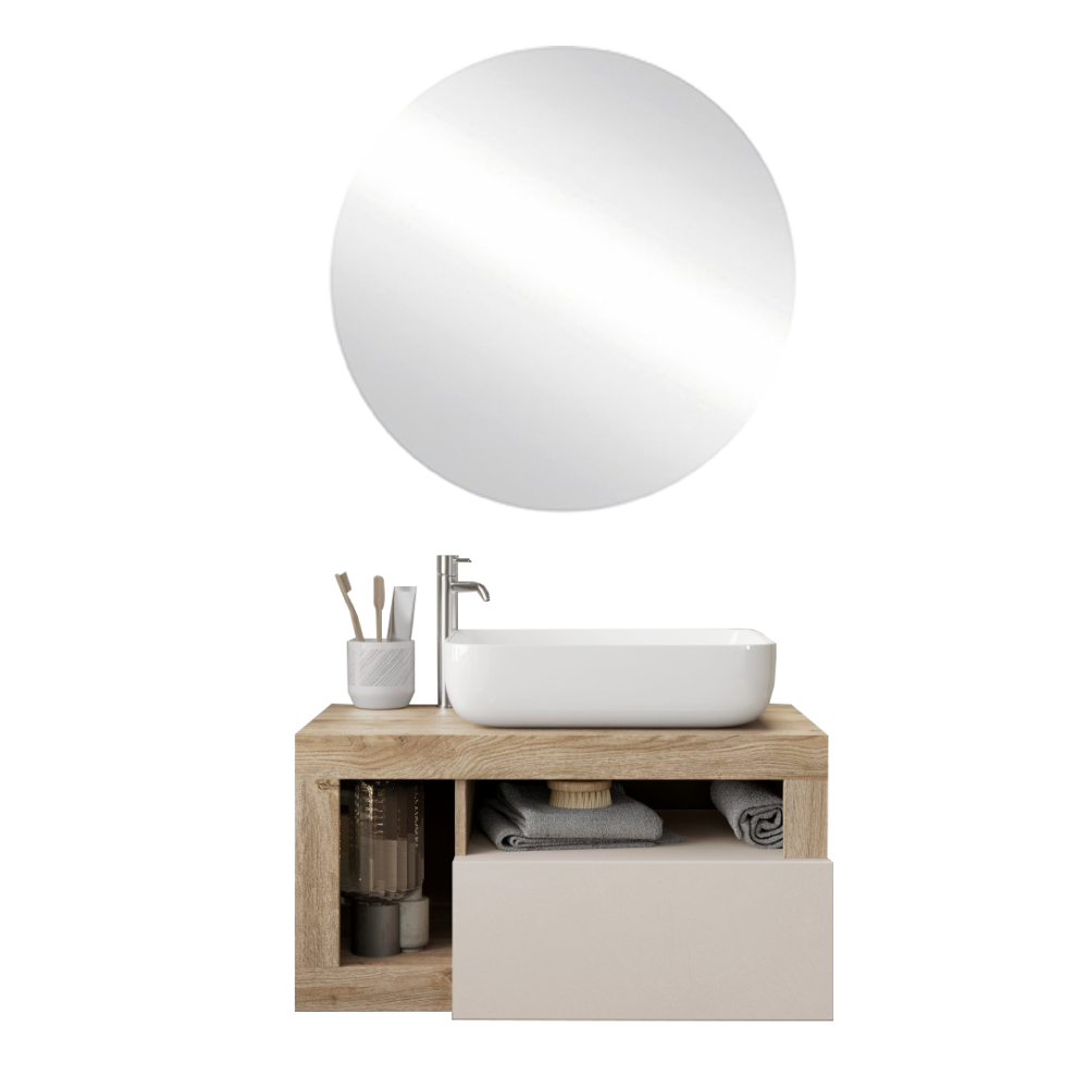 BARCELONA Mobile Bagno Sospeso 1 Cassetto con Specchiera "orb" - Retroilluminata Cashmere / Kadiz