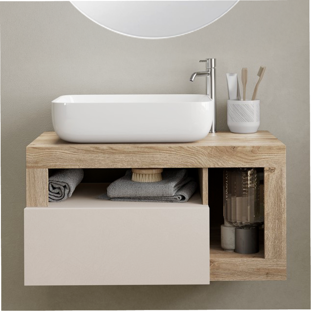BARCELONA Mobile Bagno Sospeso 1 Cassetto con Specchiera "orb" - Retroilluminata Cashmere / Kadiz