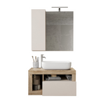 BARCELONA Mobile Bagno Sospeso 1 Cassetto con Specchiera con Colonna 1 Anta e Luce LED Cashmere / Kadiz