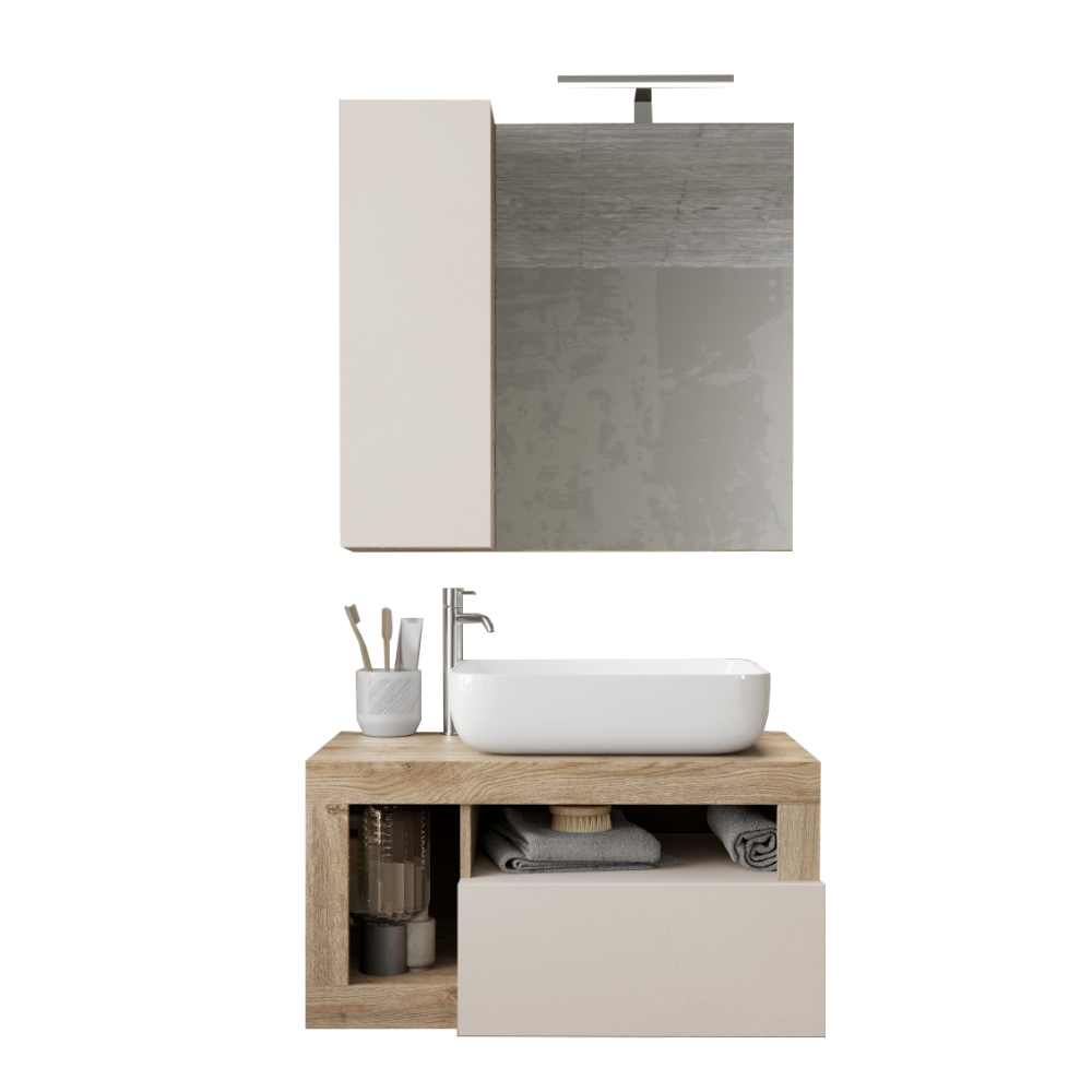 BARCELONA Mobile Bagno Sospeso 1 Cassetto con Specchiera con Colonna 1 Anta e Luce LED Cashmere / Kadiz