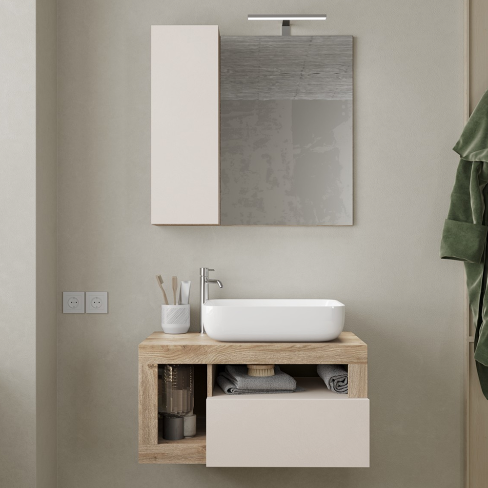 BARCELONA Mobile Bagno Sospeso 1 Cassetto con Specchiera con Colonna 1 Anta e Luce LED Cashmere / Kadiz