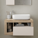 BARCELONA Mobile Bagno Sospeso 1 Cassetto con Specchiera con Colonna 1 Anta e Luce LED Cashmere / Kadiz