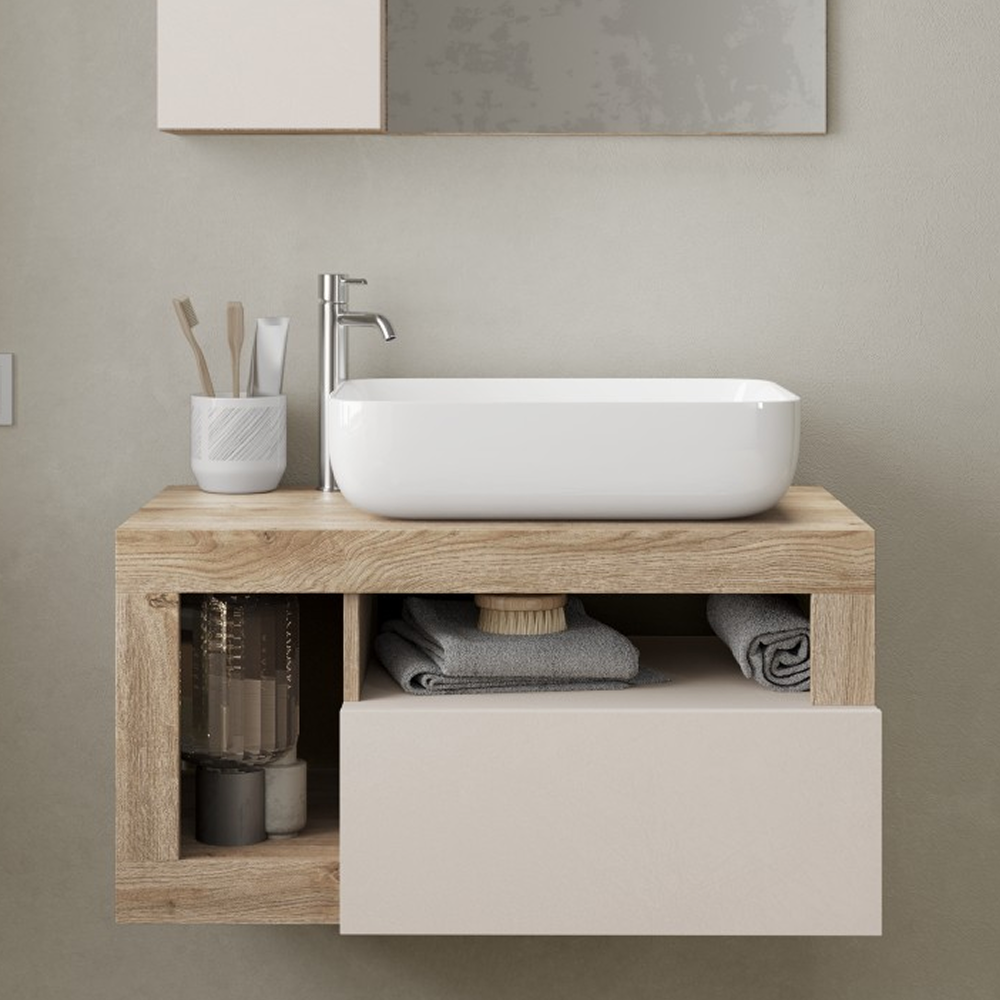 BARCELONA Mobile Bagno Sospeso 1 Cassetto con Specchiera con Colonna 1 Anta e Luce LED Cashmere / Kadiz