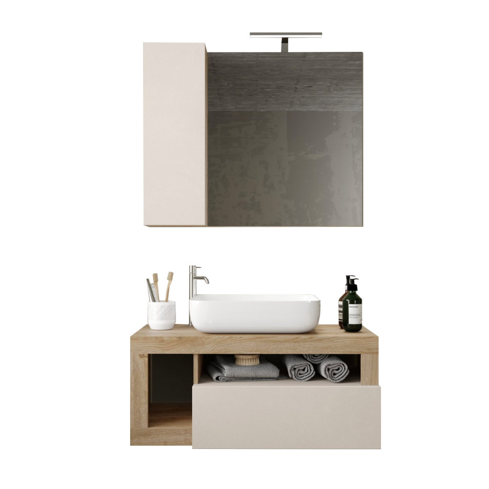 BARCELONA Mobile Bagno Appeso 1 Cassetto con BARCELONA Specchiera Con Colonna 1 Anta E Luce Led