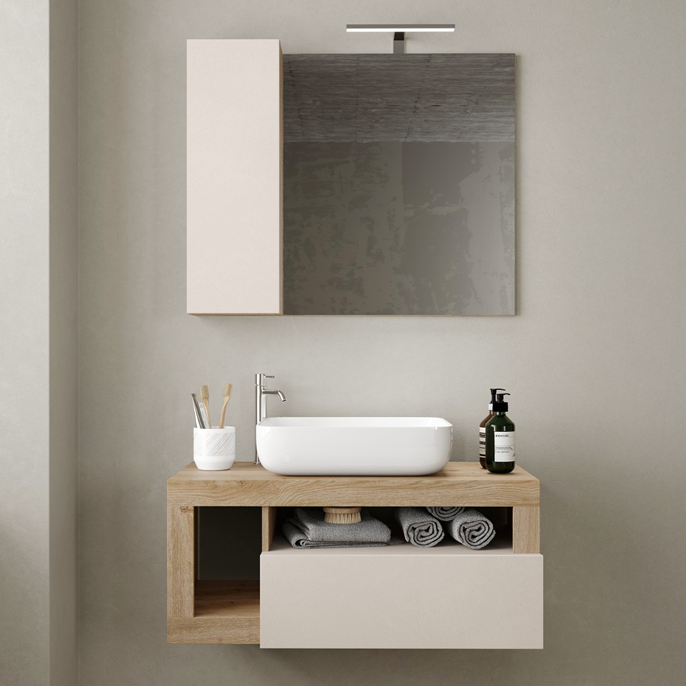 BARCELONA Specchiera Bagno con Colonna 1 Anta e LED 92 cm Cashmere / Kadiz