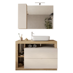 BARCELONA Mobile Bagno a Terra 2 Cassetti con Specchiera con Colonna 1 Anta e Luce LED Cashmere / Kadiz