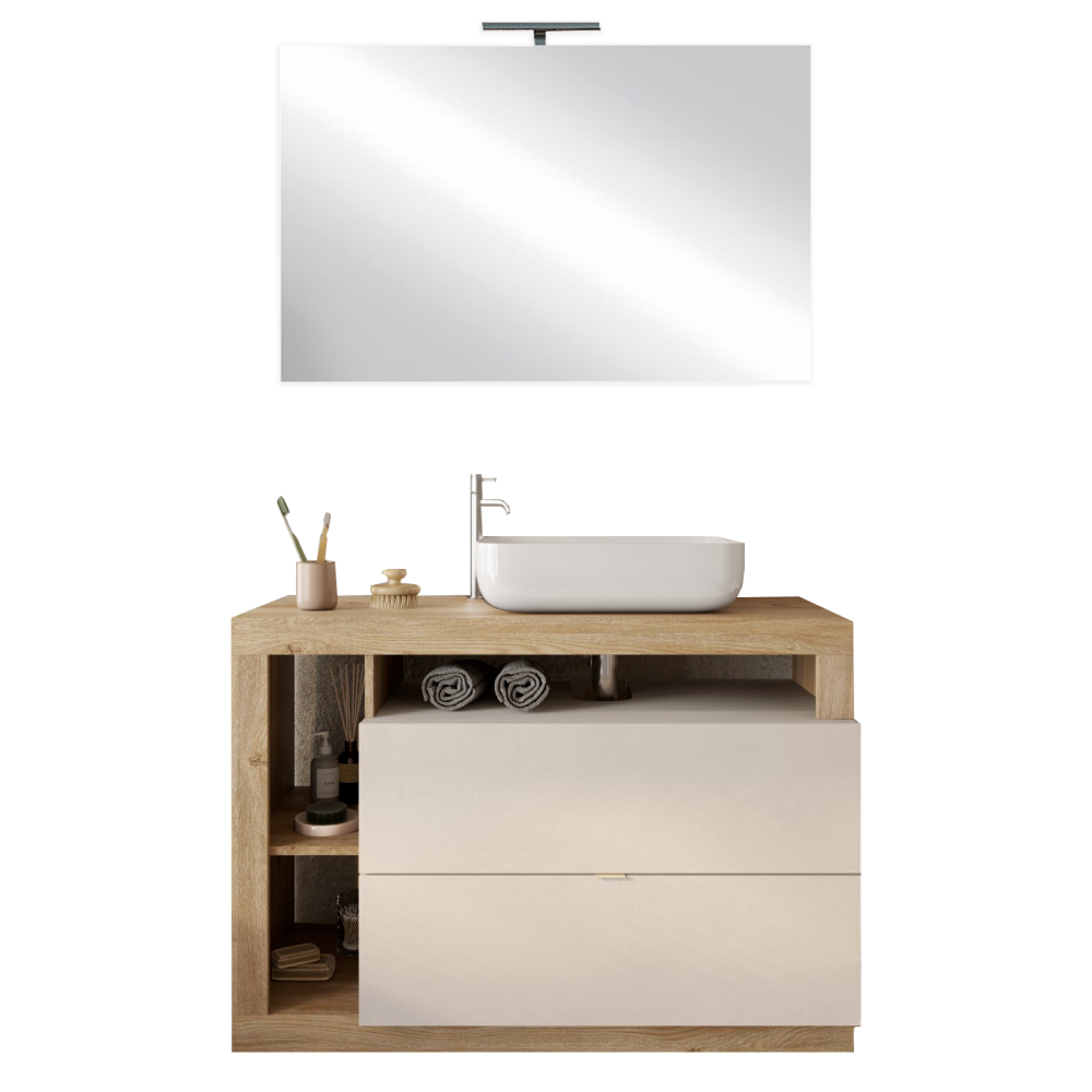 BARCELONA Mobile Bagno a Terra 2 Cassetti con Specchiera con Luce LED Cashmere / Kadiz