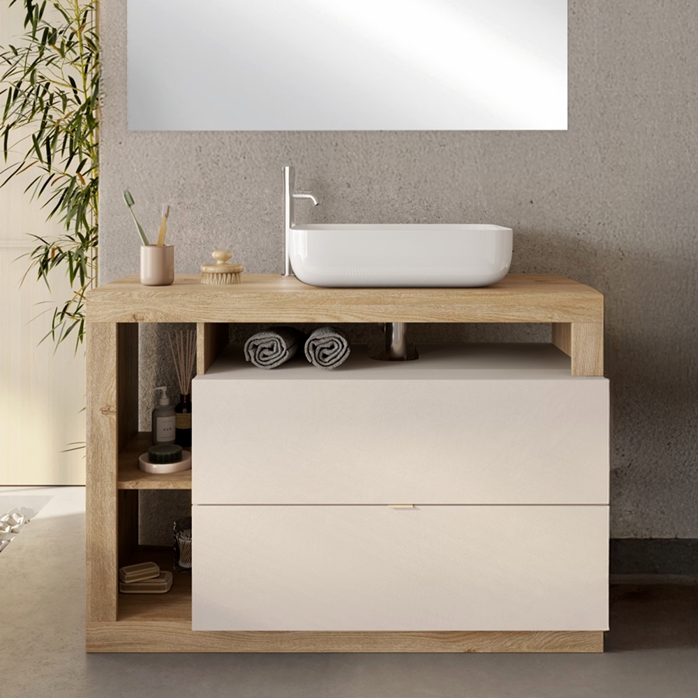 BARCELONA Mobile Bagno a Terra 2 Cassetti con Specchiera con Luce LED Cashmere / Kadiz