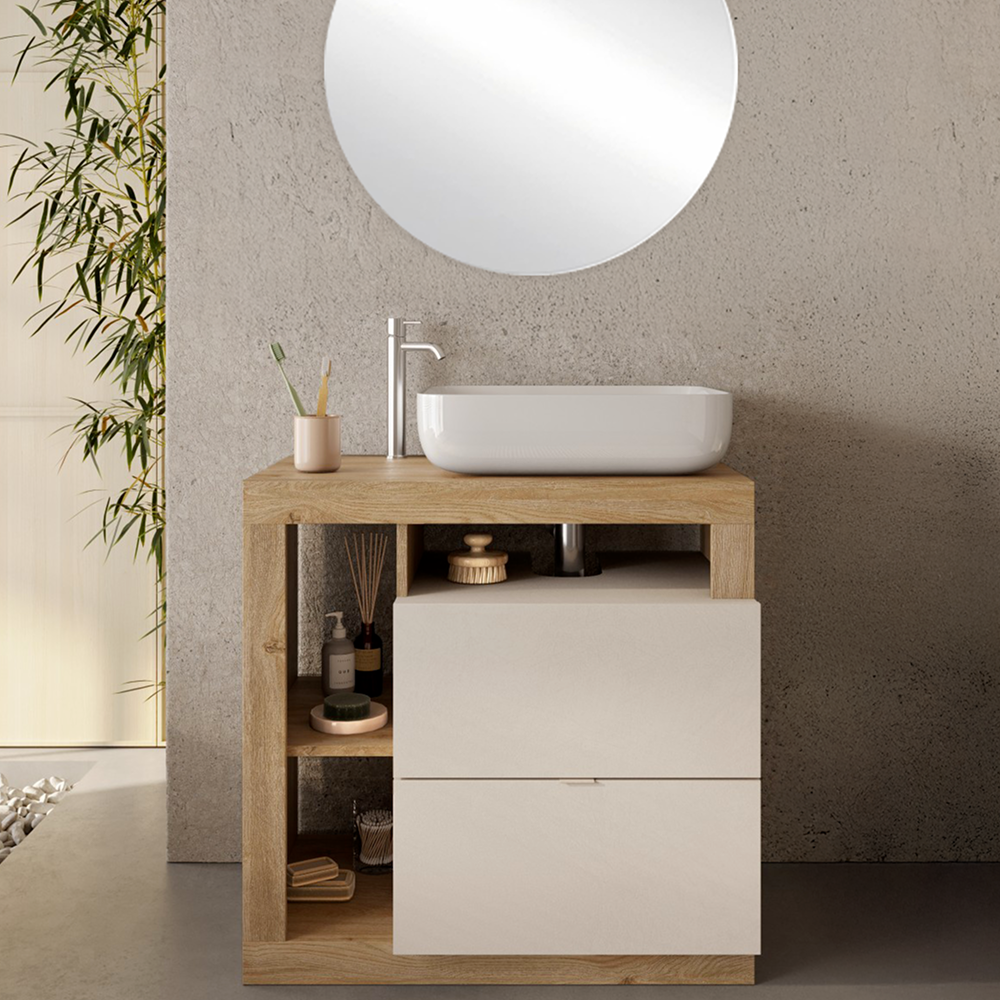 BARCELONA Mobile Bagno a Terra 2 Cassetti con Specchiera "orb" - Retroilluminata Cashmere / Kadiz