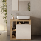 BARCELONA Mobile Bagno a Terra 2 Cassetti con Specchiera con Colonna 1 Anta e Luce LED Cashmere / Kadiz