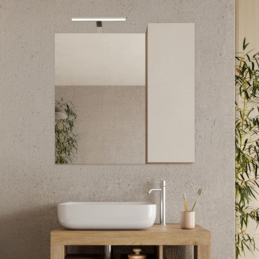 BARCELONA Mobile Bagno a Terra 2 Cassetti con Specchiera con Colonna 1 Anta e Luce LED Cashmere / Kadiz