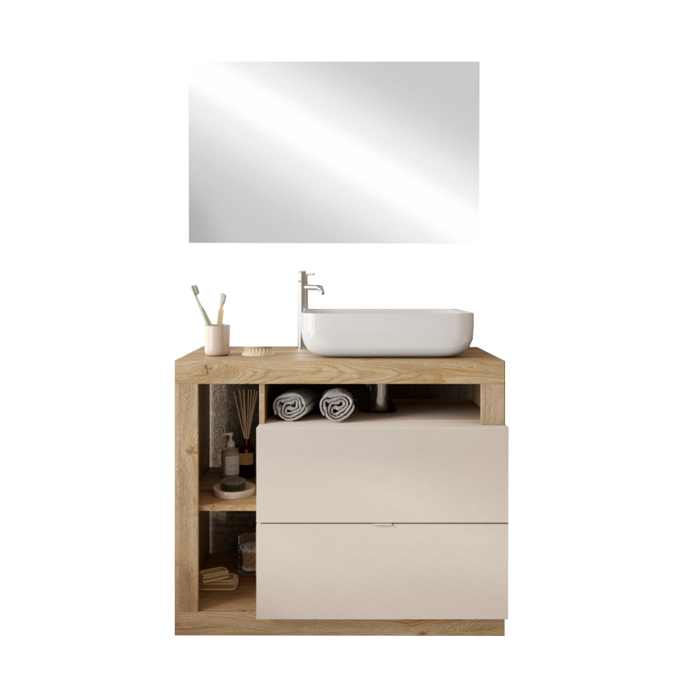 BARCELONA Mobile Bagno a Terra 2 Cassetti con Specchiera "quadrata" - Retroilluminata Cashmere / Kadiz