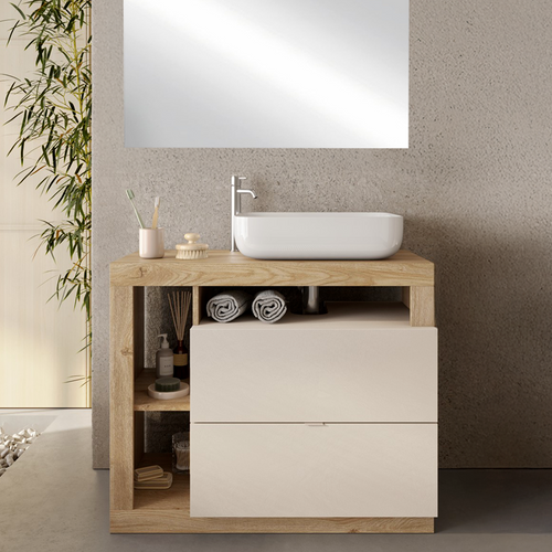 BARCELONA Mobile Bagno a Terra 2 Cassetti con Specchiera "quadrata" - Retroilluminata Cashmere / Kadiz