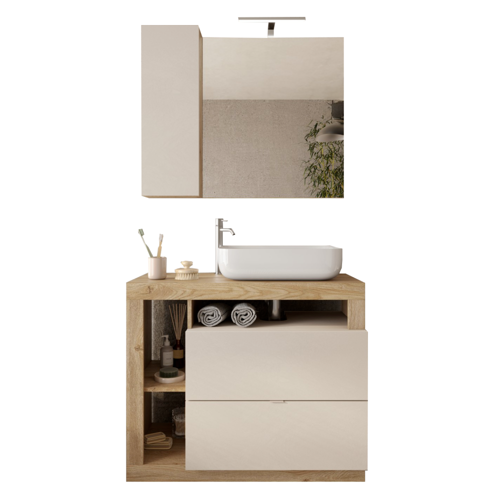 BARCELONA Mobile Bagno a Terra 2 Cassetti con Specchiera con Colonna 1 Anta e Luce LED Cashmere / Kadiz