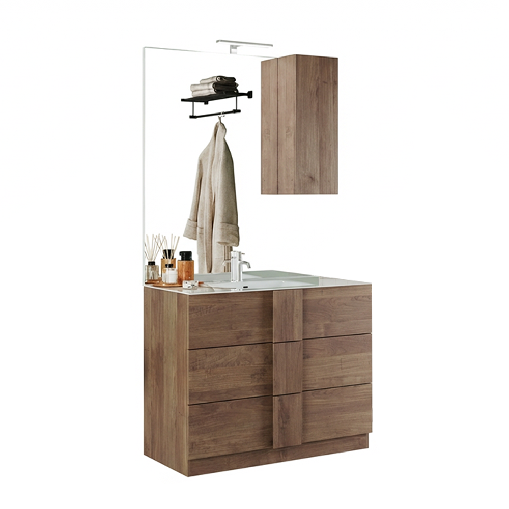 ROME Mobile Bagno con Lavabo in Ceramica, a Terra con Base, Larghezza 80cm con Specchiera con Colonna 1 Anta e Luce LED Legno di Quercia Mercurio