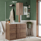 ROME Mobile Bagno con Lavabo in Ceramica, a Terra con Base, Larghezza 80cm con Specchiera con Colonna 1 Anta e Luce LED Legno di Quercia Mercurio