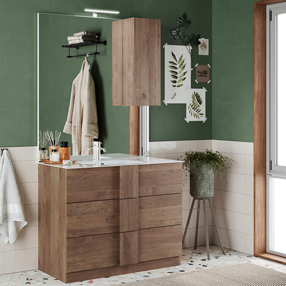 ROME Mobile Bagno con Lavabo in Ceramica, a Terra con Base, Larghezza 80cm con Specchiera con Colonna 1 Anta e Luce LED Legno di Quercia Mercurio