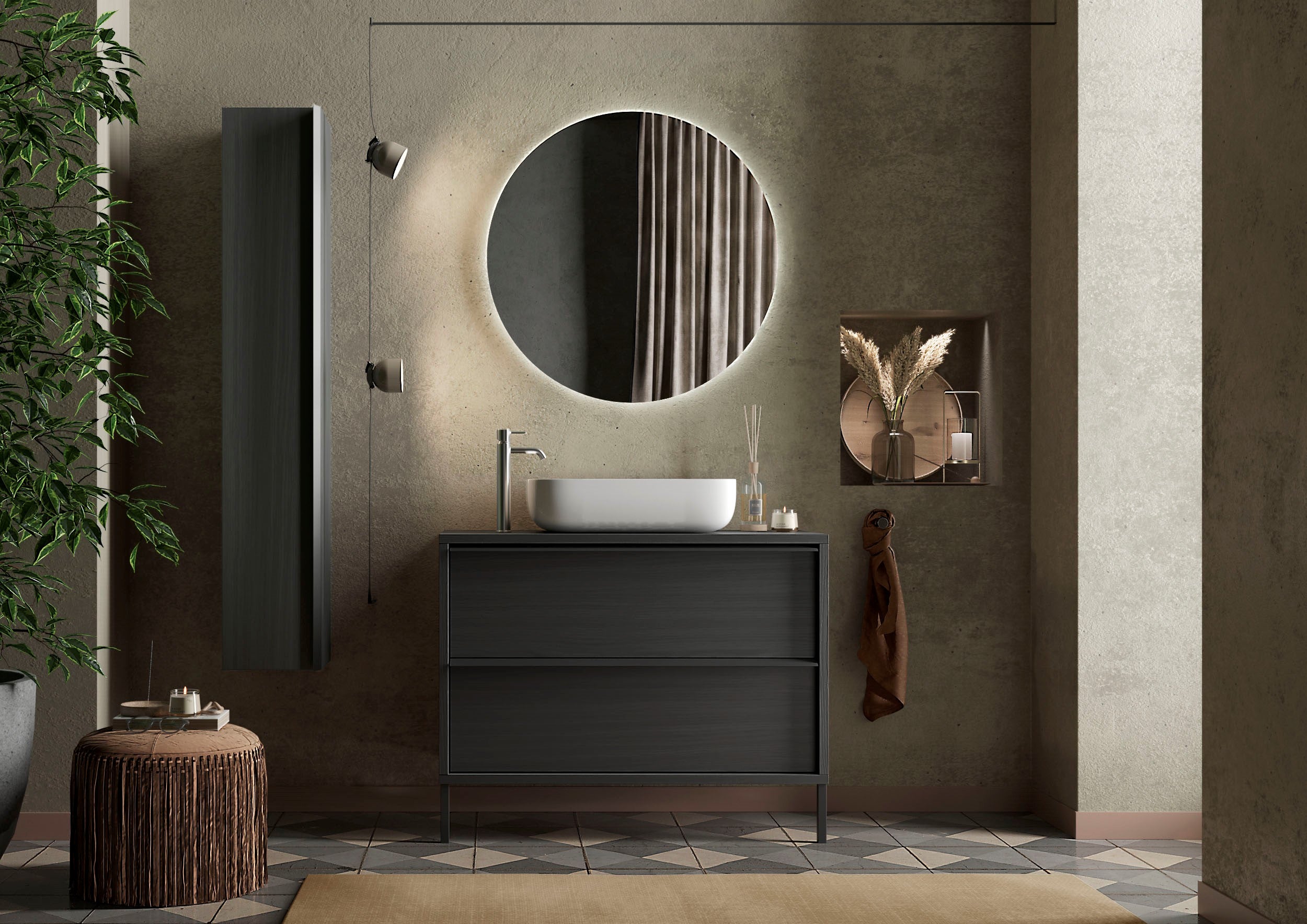 MILAN Mobile da Bagno con Lavabo in Ceramica, su Gambe in Metallo, Larghezza 79 cm con Specchiera "orb" Retroilluminata