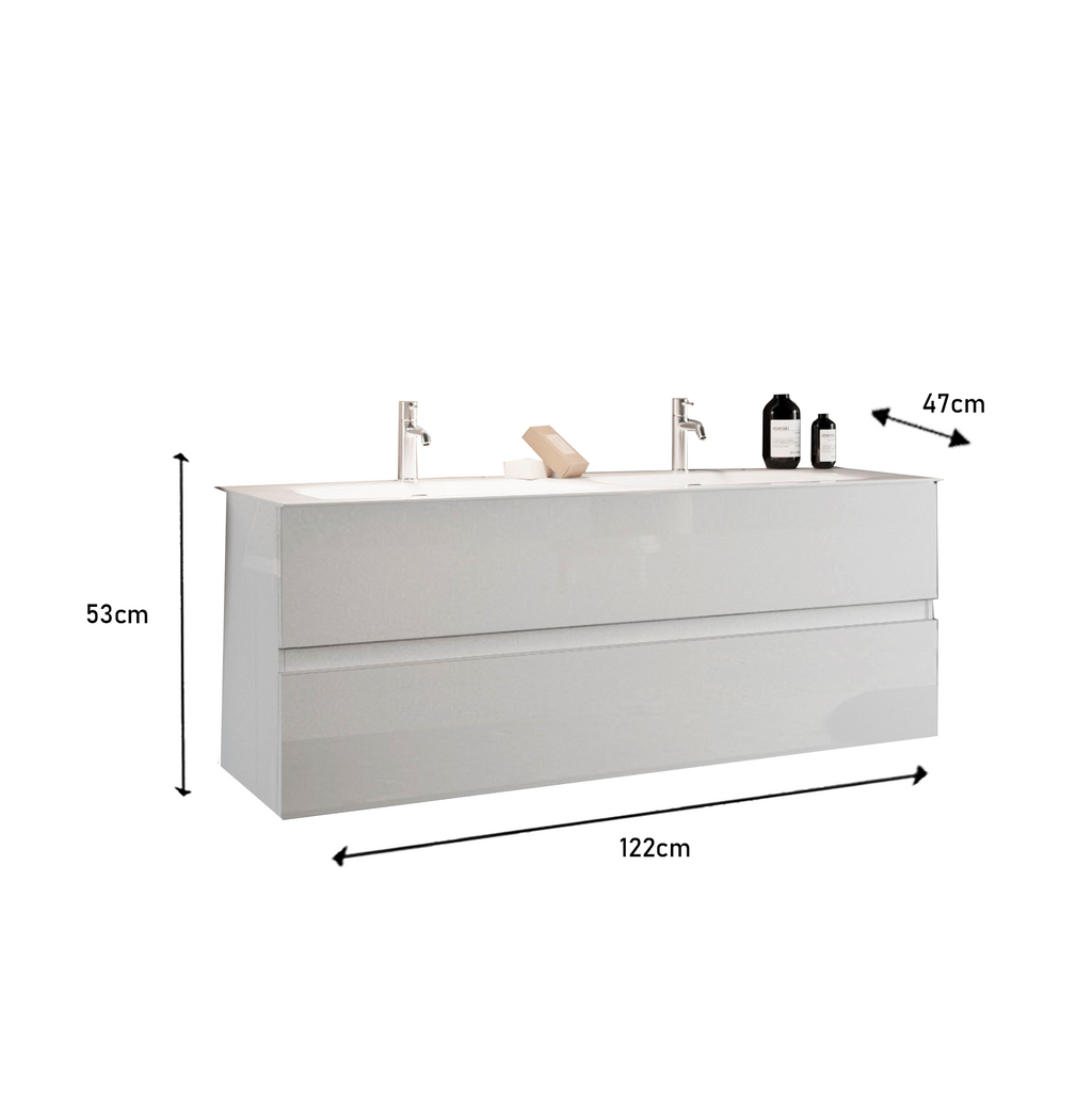 Mobile Bagno Sospeso (lavabo a Doppia Vasca) - 2 Cassetti LONDON 122 cm Bianco Lucido