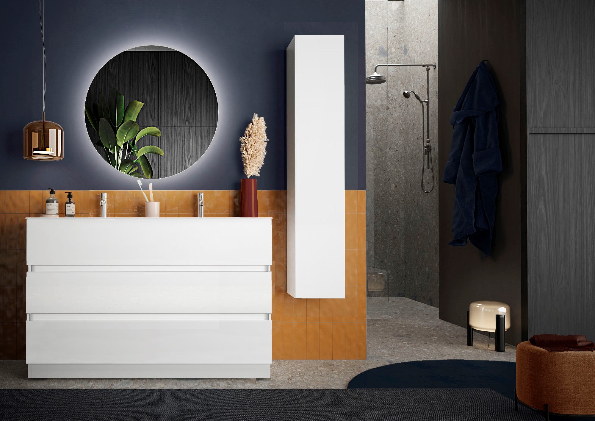 LONDON Mobile Bagno con Lavabo in Ceramica, a Terra con Base, Larghezza 120cm, con Specchiera "orb" - Retroilluminata Lacca Bianca Lucida