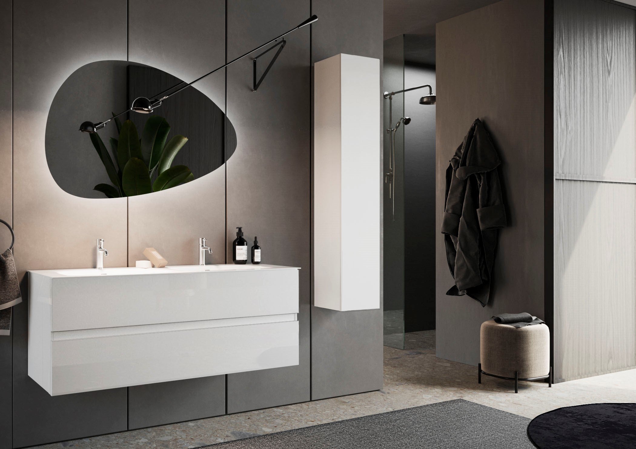 LONDON Mobile Bagno con Lavabo in Ceramica, Sospeso, Larghezza 120cm con Specchiera "pietra" - Retroilluminata Lacca Bianca Lucida