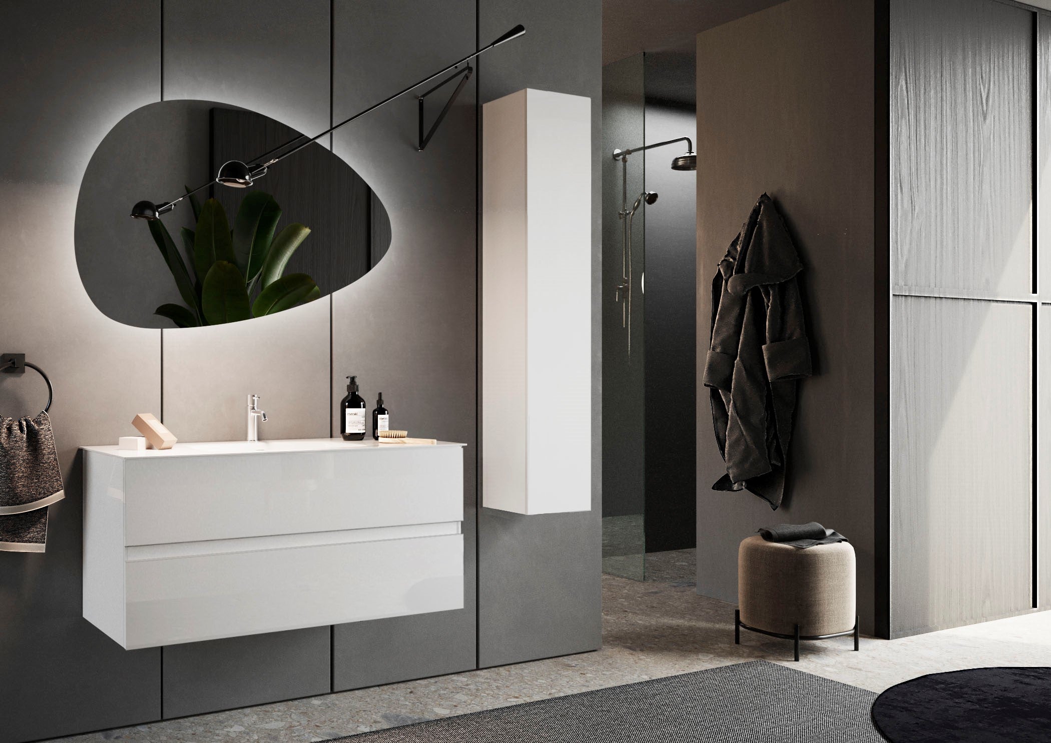 LONDON Mobile Bagno con Lavabo in Ceramica, Sospeso, Larghezza 100cm con Specchiera "pietra" - Retroilluminata Lacca Bianca Lucida