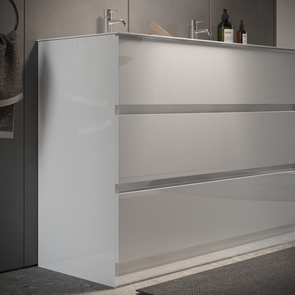 Mobile Bagno a Terra (lavabo a Doppia Vasca) - 3 Cassetti LONDON 122 cm Bianco Lucido