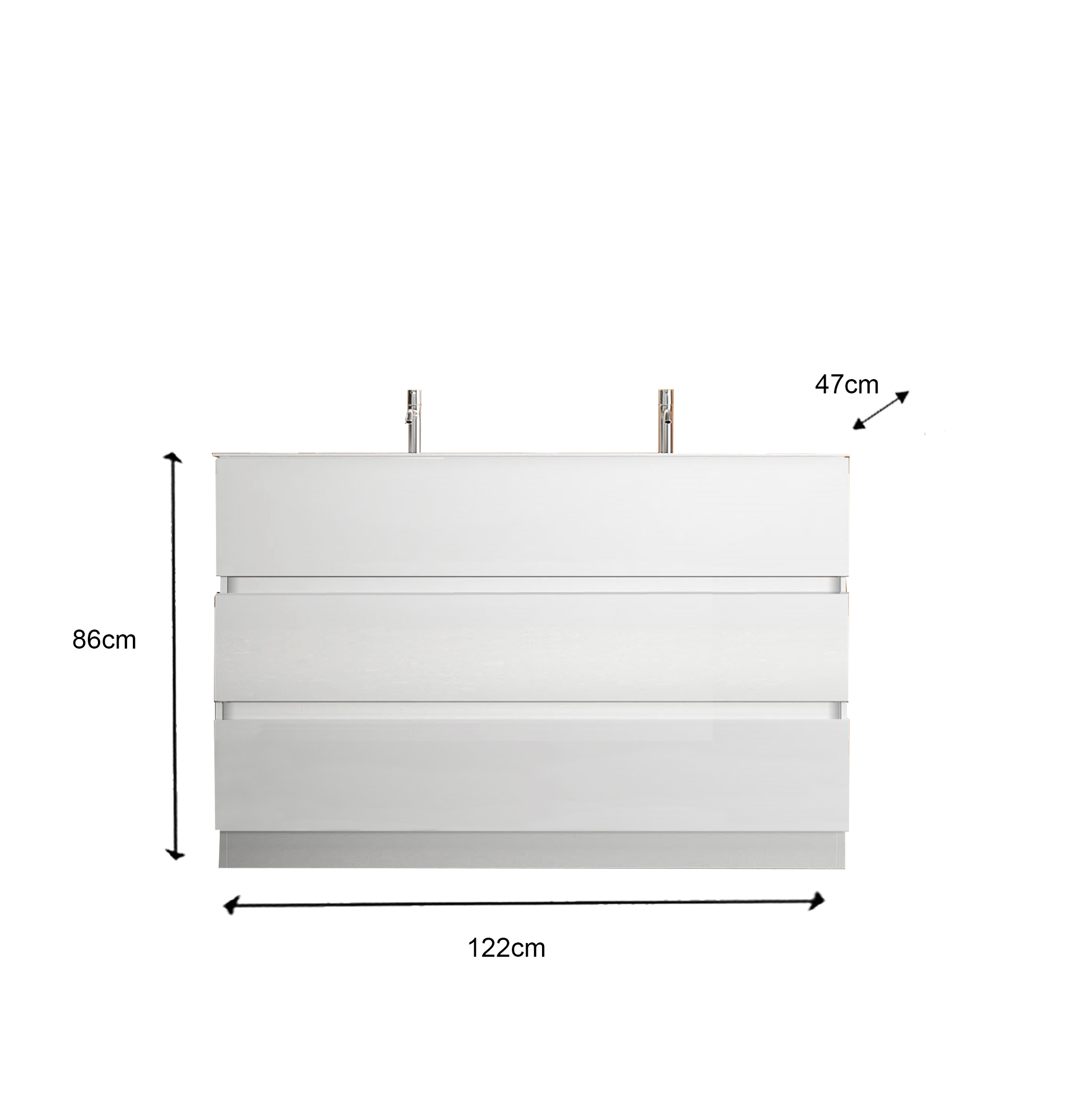 Mobile Bagno a Terra (lavabo a Doppia Vasca) - 3 Cassetti LONDON 122 cm Bianco Lucido