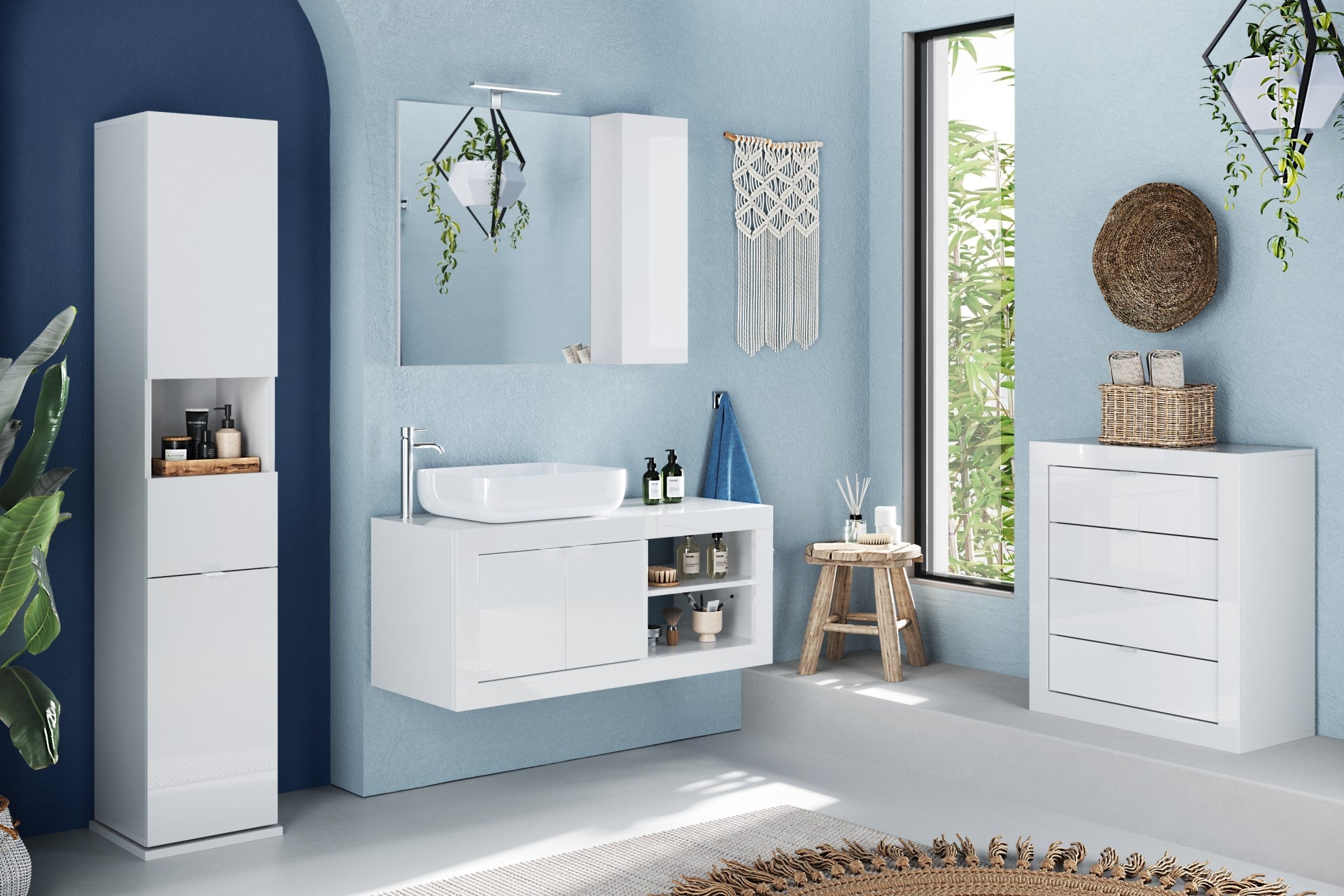 Mobile Bagno Sospeso 2 Ante - Lavabo ad Appoggio MADRID 110 cm Bianco Lucido