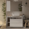 BARCELONA Mobile da Bagno con Lavabo in Ceramica, a Terra, Larghezza 110 cm, Specchio con Illuminazione Laccato Bianco Lucido / Cemento