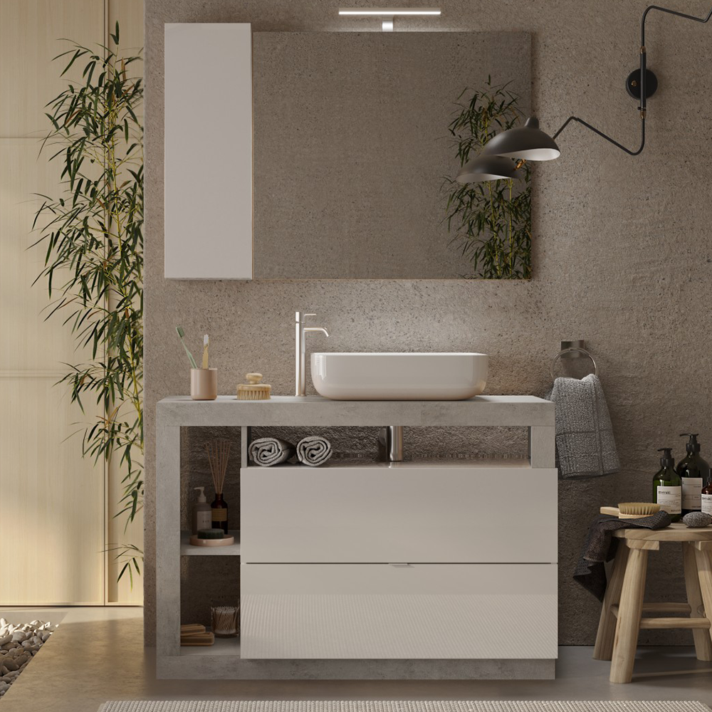 BARCELONA Mobile da Bagno con Lavabo in Ceramica, a Terra, Larghezza 110 cm, Specchio con Illuminazione Laccato Bianco Lucido / Cemento