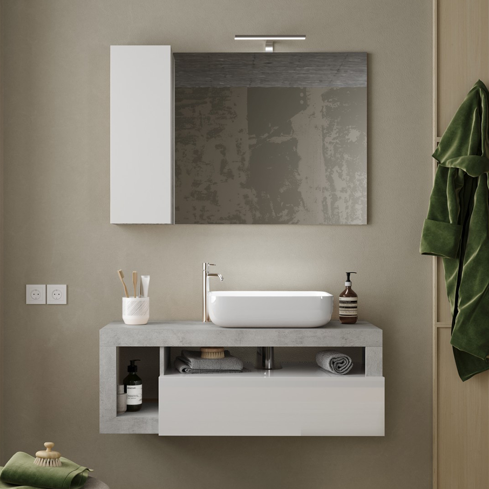 BARCELONA Mobile da Bagno con Lavabo in Ceramica, Sospeso, Larghezza 110 cm, Specchio con Illuminazione Laccato Bianco Lucido / Cemento
