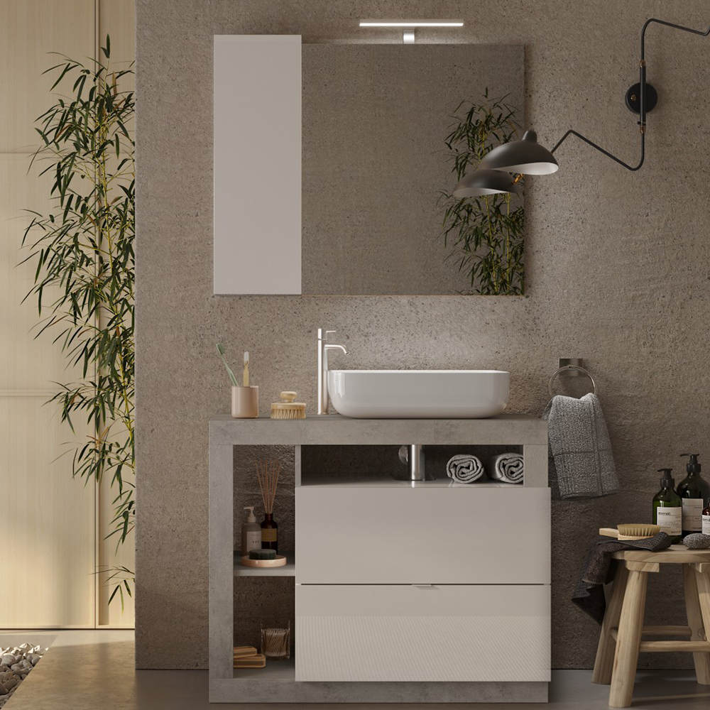 BARCELONA Mobile da Bagno con Lavabo in Ceramica, a Terra, Larghezza 92 cm, Specchio con Illuminazione Laccato Bianco Lucido / Cemento