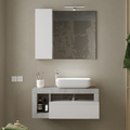 BARCELONA Mobile Bagno con Lavabo in Ceramica, Sospeso, Larghezza 92cm, Specchio con Illuminazione Laccato Bianco Lucido / Cemento