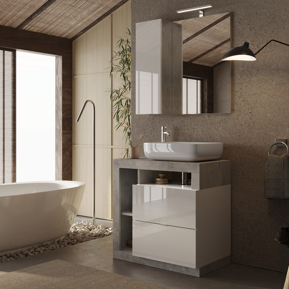 BARCELONA Mobile da Bagno con Lavabo in Ceramica, a Terra, Larghezza 78 cm, Specchio con Illuminazione Laccato Bianco Lucido / Cemento