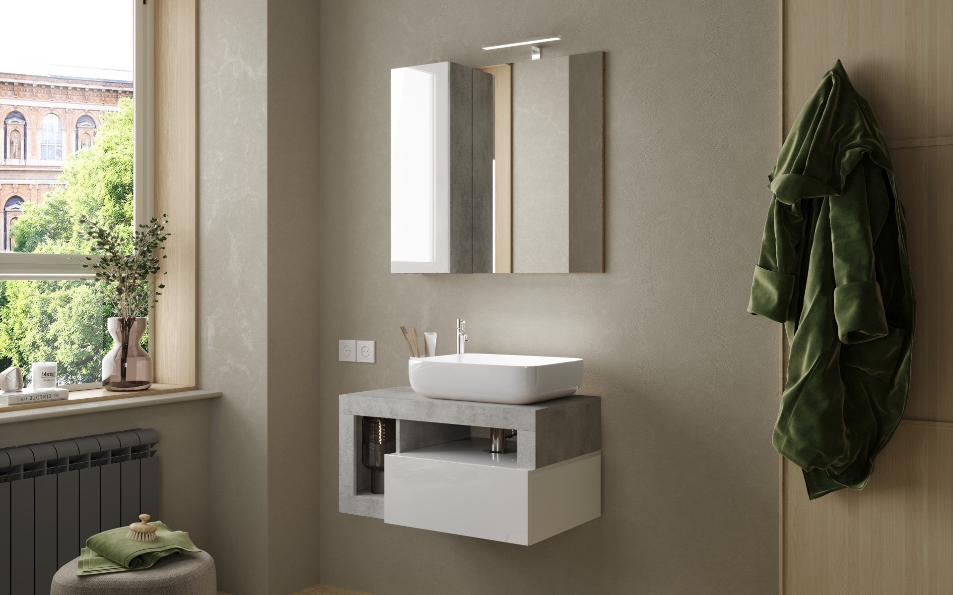 Mobile Bagno Sospeso 1 Cassetto BARCELONA 79 cm Bianco Lucido / Cemento