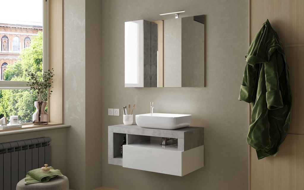 Mobile Bagno Sospeso 1 Cassetto BARCELONA 92 cm Bianco Lucido / Cemento