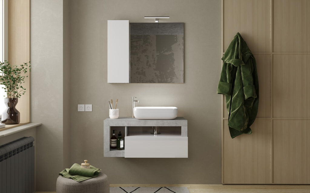 Mobile Bagno Sospeso 1 Cassetto BARCELONA 92 cm Bianco Lucido / Cemento