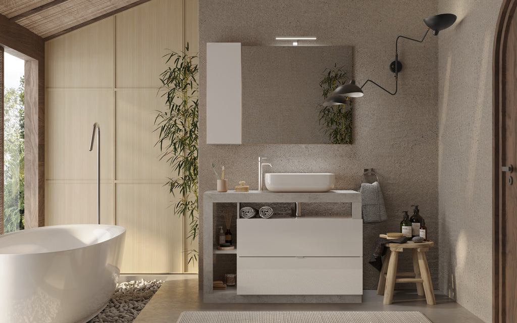 Mobile Bagno a Terra 2 Cassetti BARCELONA 110 cm Bianco Lucido / Cemento