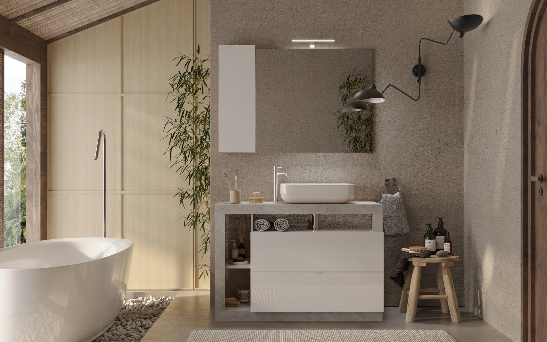 Mobile Bagno a Terra 2 Cassetti BARCELONA 110 cm Bianco Lucido / Cemento