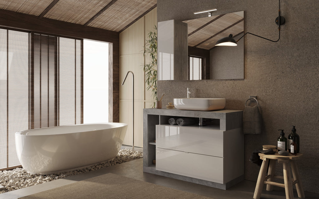 Mobile Bagno a Terra 2 Cassetti BARCELONA 110 cm Bianco Lucido / Cemento
