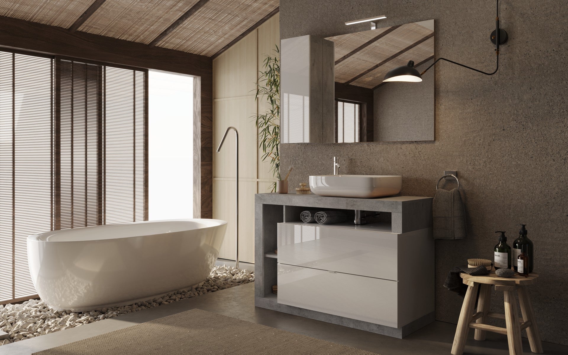 Mobile Bagno a Terra 2 Cassetti BARCELONA 110 cm Bianco Lucido / Cemento