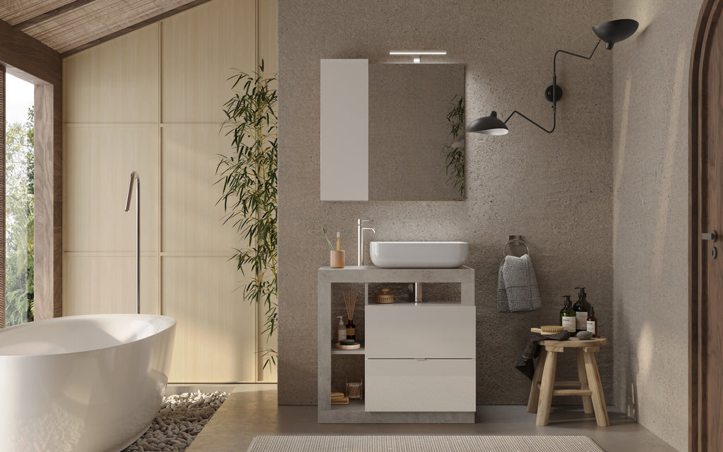 Mobile Bagno a Terra 2 Cassetti BARCELONA 79 cm Bianco Lucido / Cemento